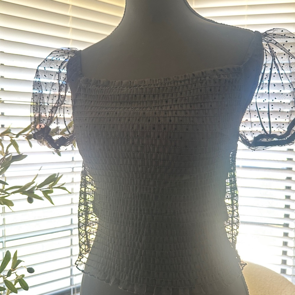 Elegant Black Smocked Top with Sheer Sleeves